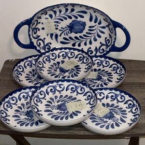 ARTISAN DE LUXE MELAMINE BLUE ROSE OVAL SERVING BOWL 6 PASTA BOWLS 7pc.SET NWT